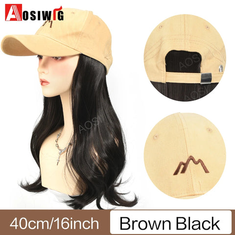 Long Wavy Synthetic Wig Baseball Rice White Cap With Hair Extensions Hat Wigs Natural Black Connect Wig Adjustable For Women