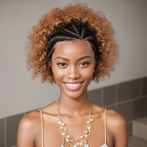 13x4 Lace Frontal Natural Black Afro Curly Human Hair with Braids for Black Women 6 Inches 100% Remy Hair Brazilian Hair Wig
