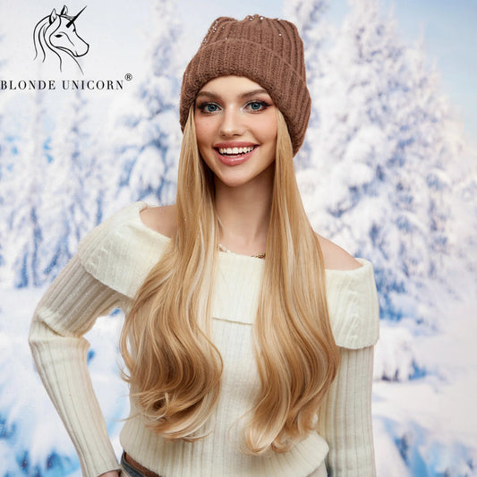 Blonde Unicorn Hat wigs Cap with Hair Hat Wig Blonde Wavey Wig Separable Synthetic Hair Women Daily Party High Temperature