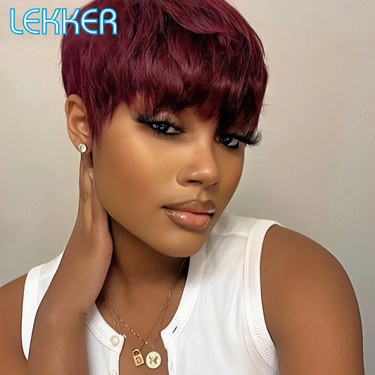 Lekker Colored Short Pixie Cut Straight Bob 100% Human Hair Wigs With Bangs For Women Brazilian Remy Hair Burgundy Red Daily Wig
