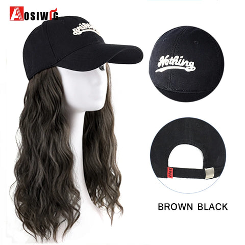 Long Wavy Synthetic Wig Baseball Rice White Cap With Hair Extensions Hat Wigs Natural Black Connect Wig Adjustable For Women
