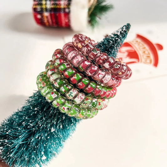 5PCS Christmas Telephone Cord Hair Ties-Cute Santa Snowflake Printed, Elastic Spiral Hair Bands For Women, Festive Holiday