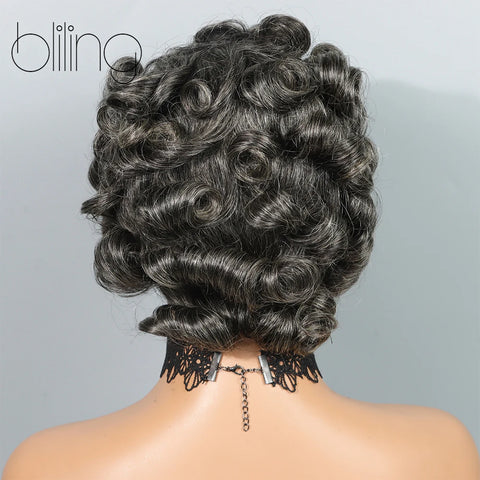 Salt and Pepper Pixie Cut Human Hair Wigs for Women Gray Hair Black Mixed With 60#Color for Daily Use Glueless Loose Wave Wigs