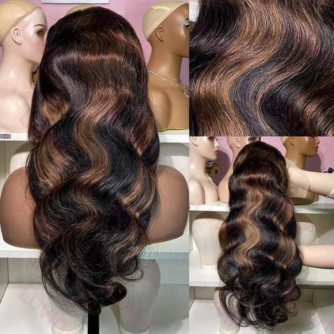 Mossily Ombre Highlight 13x4 Lace Front Wig Human Hair 1B/30 Black Brown Body Wave Wigs Transparent Lace Brazilian For Women
