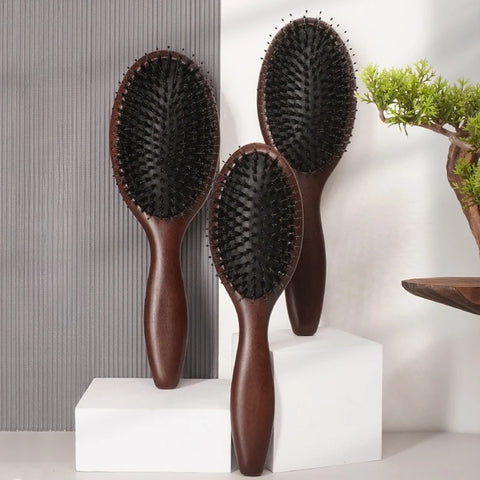 Wood Comb Boar Bristle Cushion Brush Massage Anti Static Nylon Pins Hair Hairbrush Dry Wet Detangler for Scalp Care Hair Growt