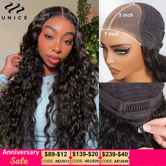 UNICE Upgrade Drawstring Water Wave 7x5 Glueless Wig Pre Cut Pre Bleached Lace Front Human Hair Wig Ready To Wear 180% Density