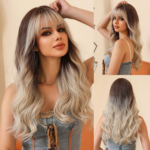 Ash Gray Platinum Long Curly Synthetic Wigs with Bangs for Women Afro Deep Wave Cosplay Lolita Wig Natural Hair Heat Reisitant