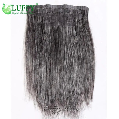 Salt Pepper Seamless PU Clip In Hair Extensions Straight Human Hair Skin Weft Gray Hair Color Clip Ins Human Hair For Women