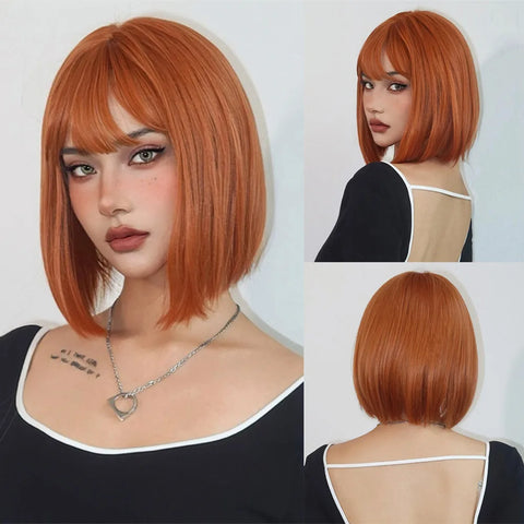 Light Brown Synthetic Wigs Straight Short Bob Cut with Bangs Wig for White Women Korean Daily Party Cosplay Heat Resistant Hair