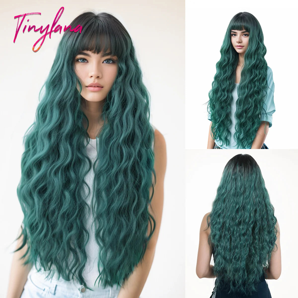 Long Curly Green Wave Synthetic Wigs with Bangs for Women Christmas Grass Green Cosplay Wigs Daily Natural Hair Heat Resistant