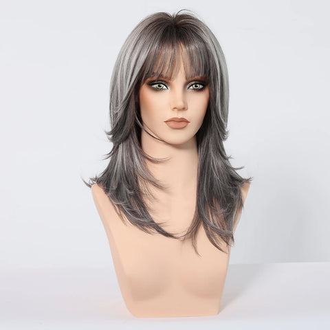 HENRY MARGU Grey Layered Synthetic Natural Wig Medium Length Straight Wig with Bangs for Women Daily Party Wigs Heat Resistant