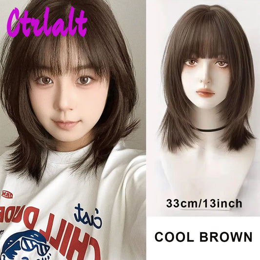 Shoulder Black Brown Layered Synthetic Natural Hair Wigs For Women Body Wave Daily Women's Wig with Curtain Bangs Heat Resistant