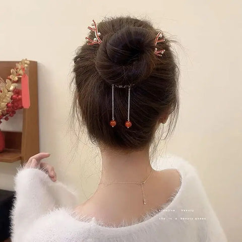 AWAYTR New Christmas Elk Horn Tassel Hairpin Korea Cute Hair Clip Ponytail Bun Ponytail Clip For Women Girl Hair Accessories