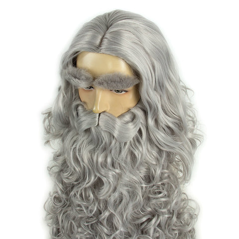 REEWES Grey Wig&Beard Set With moustache Christmas Santa Claus Costum Cosplay synthetic Wig For Halloween Costume XMAS Dress up