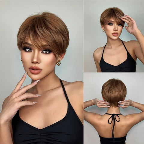 Pixie Cut Wigs for Women Natural Synthetic Short Black Layered Hair Wig with Fluffy Bangs Afro Daily Heat Resistant