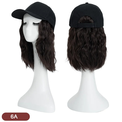 Benehair Hat Wig for Women 8 Inches Wave Baseball Cap Wig with Curly Hair Extensions Wig Synthetic Wave Wig Hat Adjustable Brown