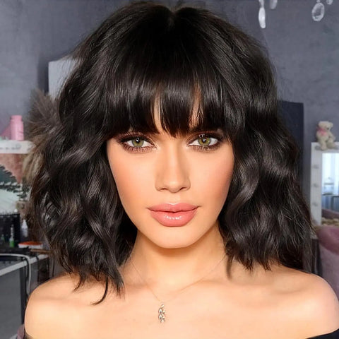 14 Inch Pastel Synthetic Short Wig With Bangs Shoulder Length Wavy Costume Natural Colorful Premium Cosplay For Girls Women