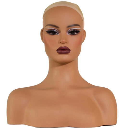 Square Face Wigs Display Head Realistic Mannequin Head With Shoulders Pvc Foam Filled Head With Eye-Shadow,Ear Holes,Eyelashes