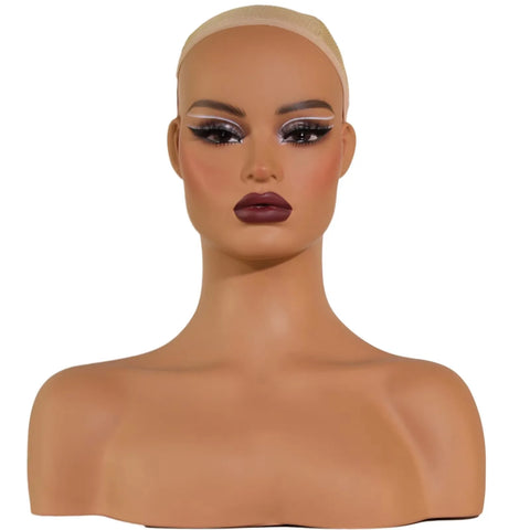 Square Face Wigs Display Head Realistic Mannequin Head With Shoulders Pvc Foam Filled Head With Eye-Shadow,Ear Holes,Eyelashes