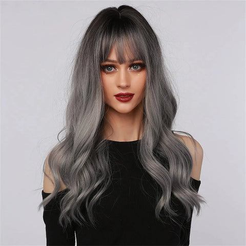 Long Wavy Silver Ash Ombre Cosplay Synthetic Wigs Natural Curly Gray Black Hair Wig with Bangs for Women Afro Heat Resistant