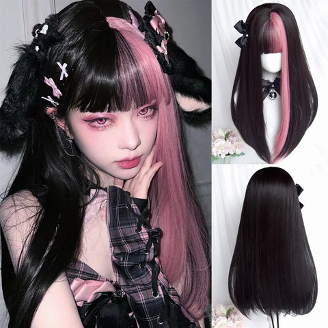 FOELISEE Synthetic 23inch Wig With Bangs Long Straight Black Highlight Red Wig For Women Cosplay Party Christmas Wig