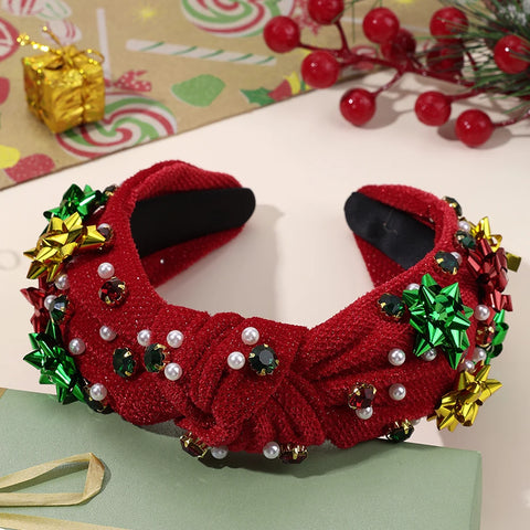 New Year Knot Wide Headband Christmas Snowflake Velvet Rhinestone Pearls Hair Hoop For Women Girls Xmas Headwear Accessories
