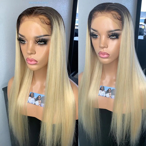 13x6 Lace Frontal Wig Brazilian Straight Human Hair Wig 2 Tone Dark Root 1B 613 Ombre Blonde Lace Front Wigs For Black Women 40"