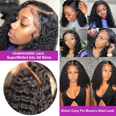 250% Short Curly Bob 13x6 Lace Frontal Wigs Deep Water Wave 7x5 Glueless Wig Brazilian 100% Human Hair Black For Women 14 Inch ﻿