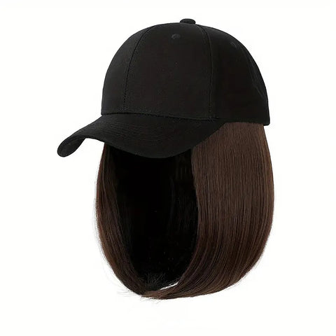 Hat Wigs Synthetic Short Bob Straight Wig With Black Baseball Cap Adjustable Hat Wigs Straight Hair Extensions For Women Fashion