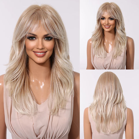 HENRY MARGU Grey Layered Synthetic Natural Wig Medium Length Straight Wig with Bangs for Women Daily Party Wigs Heat Resistant