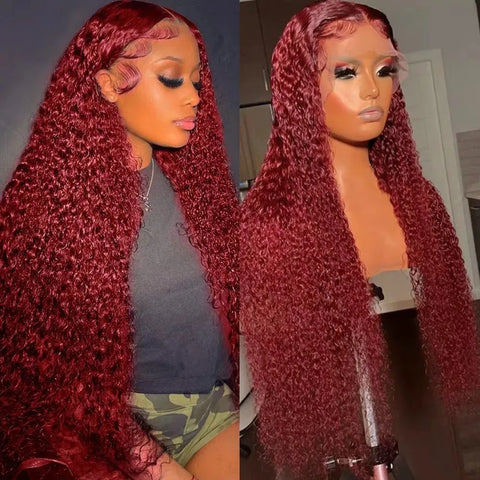 99J Dark Red Ready Go Wig Burgundy Kinky Curly Human Hair Wigs 13X4 13X6 Lace Frontal Wigs Brazilian Water Wave 6X4 Closure Wigs