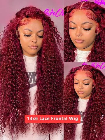 250 Density 13x4 Curly 99J Burgundy Lace Front Wig Red Wine Colored 30 40 Inch Deep Wave 13x6 HD Lace Frontal Human Hair Wigs