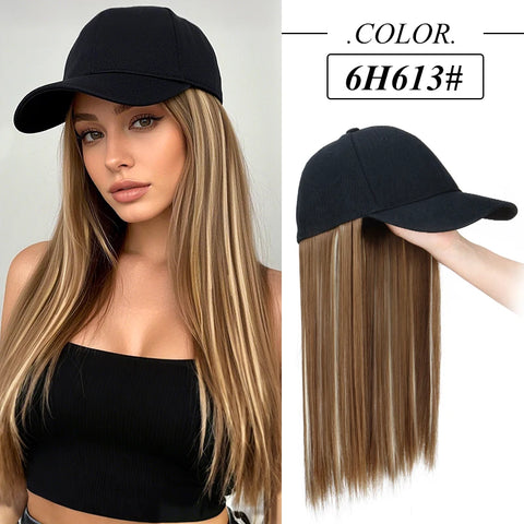Synthetic Hat Wig with Long Straight Black Hair Baseball Cap Hair Extension Stylish & Convenient All-in-One Design for Women