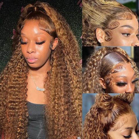 Deep Wave Highlight Ombre Invisi Strap 360 Full Hd Lace Frontal Wig 200 Density 427 Honey Blonde Curly Wig for Women 30 Inch