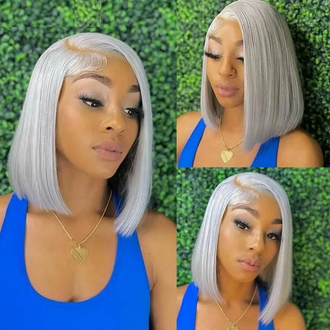 Silver Grey Lace Front Short Bob Wig Grey Straight 13x4 Lace Transparent Front Wigs Human Hair For Black Women 10 12 14 16 Inch