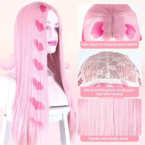 Long Pink Vibrant Pink Straight Love Wig, 26 Inch, Heat Resistant Synthetic Middle Part Wig, Halloween Christmas Festival