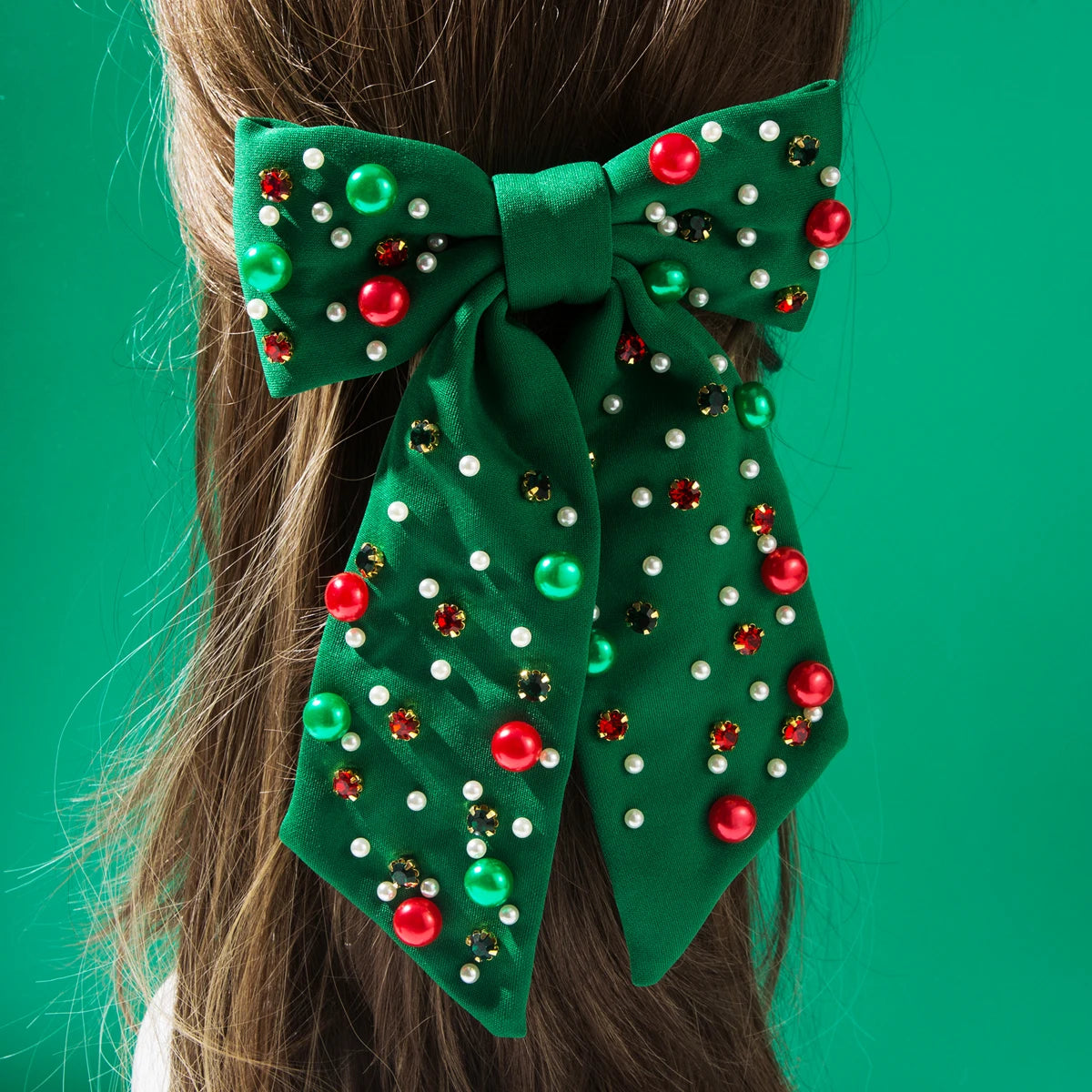 Christmas Bow Hairpin with Pearls - Festive Rhinestone Hair Clip for Women Holiday Party Hair Accessories