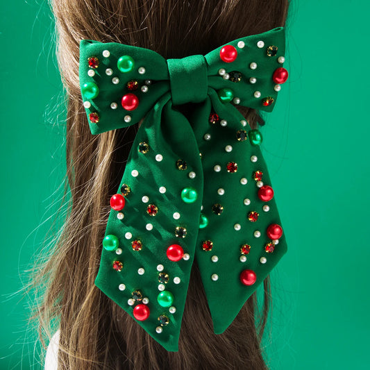 Christmas Bow Hairpin with Pearls - Festive Rhinestone Hair Clip for Women Holiday Party Hair Accessories