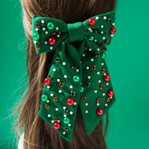 Christmas Bow Hairpin with Pearls - Festive Rhinestone Hair Clip for Women Holiday Party Hair Accessories