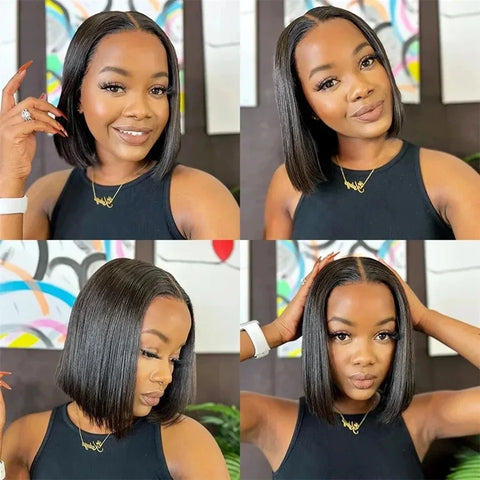 Short Bob Bone Straight Natural Black Color 13X4X1 Lace Front Wig For Black Women Synthetic Prepluck Hairline Baby Hair Cosplay