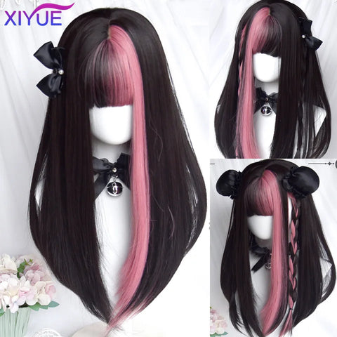 XIYUE Synthetic Long Straight Lolita Wig with Bang Red Ombre Black Cosplay Party Halloween Christmas Wavy Curly Harajuku Wig