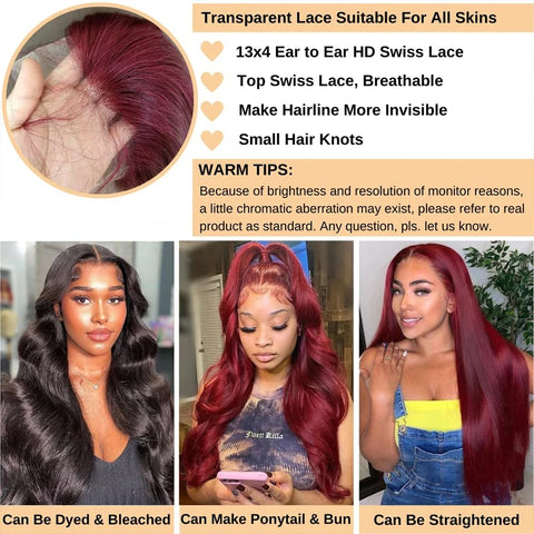 99j Burgundy 13x6 Hd Lace Frontal Human Hair Wigs Transparent Colored Body Wave Red Lace Front Wig 4x4 5x5 Closure Wig For Women