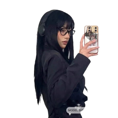 24 "black synthetic wig with straight bangs long straight wig for Halloween cosplay daily wear a high temperature silk wig
