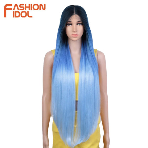 FASHION IDOL Lace Front Wig Synthetic 36 Inches Long Kinky Straight Wig Ombre Pink Cosplay Wigs For Women Party Daily Fake Hair