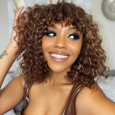 Jerry Curly Short Pixie Bob Cut Human Hair Wigs With BangsGlueless Wig Highlight Honey Water Wave Blonde Colored Wigs For Women