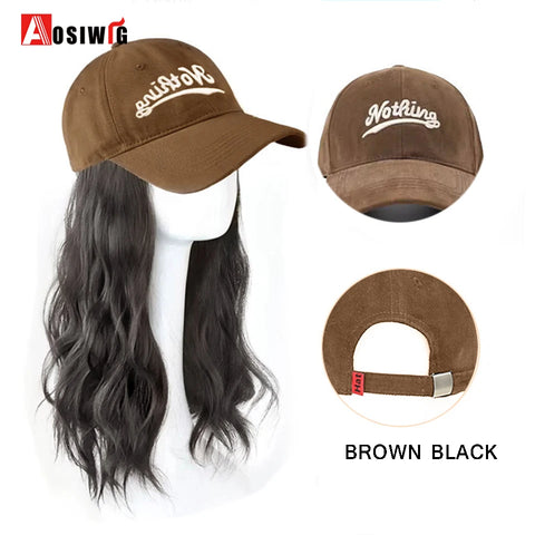 Long Wavy Synthetic Wig Baseball Rice White Cap With Hair Extensions Hat Wigs Natural Black Connect Wig Adjustable For Women