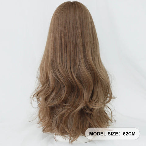 7JHH WIGS Honey Brown Wigs with Neat Bangs High Density Synthetic Loose Brown Hair Wig for Women Daily Use Beginner Friendly