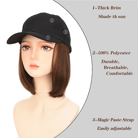 Black Baseball Cap with Hair Extensions Synthetic Straight Short Bob Hairstyle Adjustable Hat Wig for Women Girl Ash Blonde