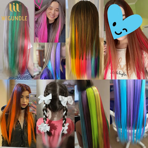 18 Color Clip Style Hair Extensions 22 Inch Color Hair Extensions High Gloss Long Straight Synthetic Wig For Children Women