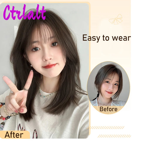 Shoulder Black Brown Layered Synthetic Natural Hair Wigs For Women Body Wave Daily Women's Wig with Curtain Bangs Heat Resistant